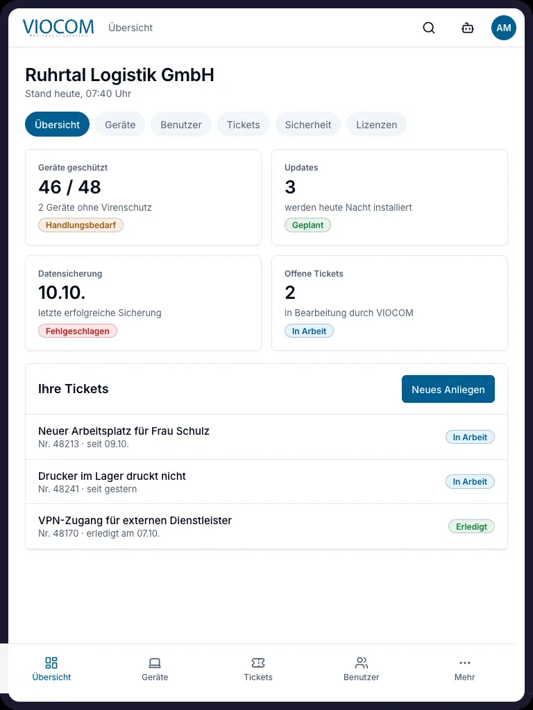 Das VIOCOM Service Portal: Geräte, Tickets und Status Ihrer IT auf einen Blick
